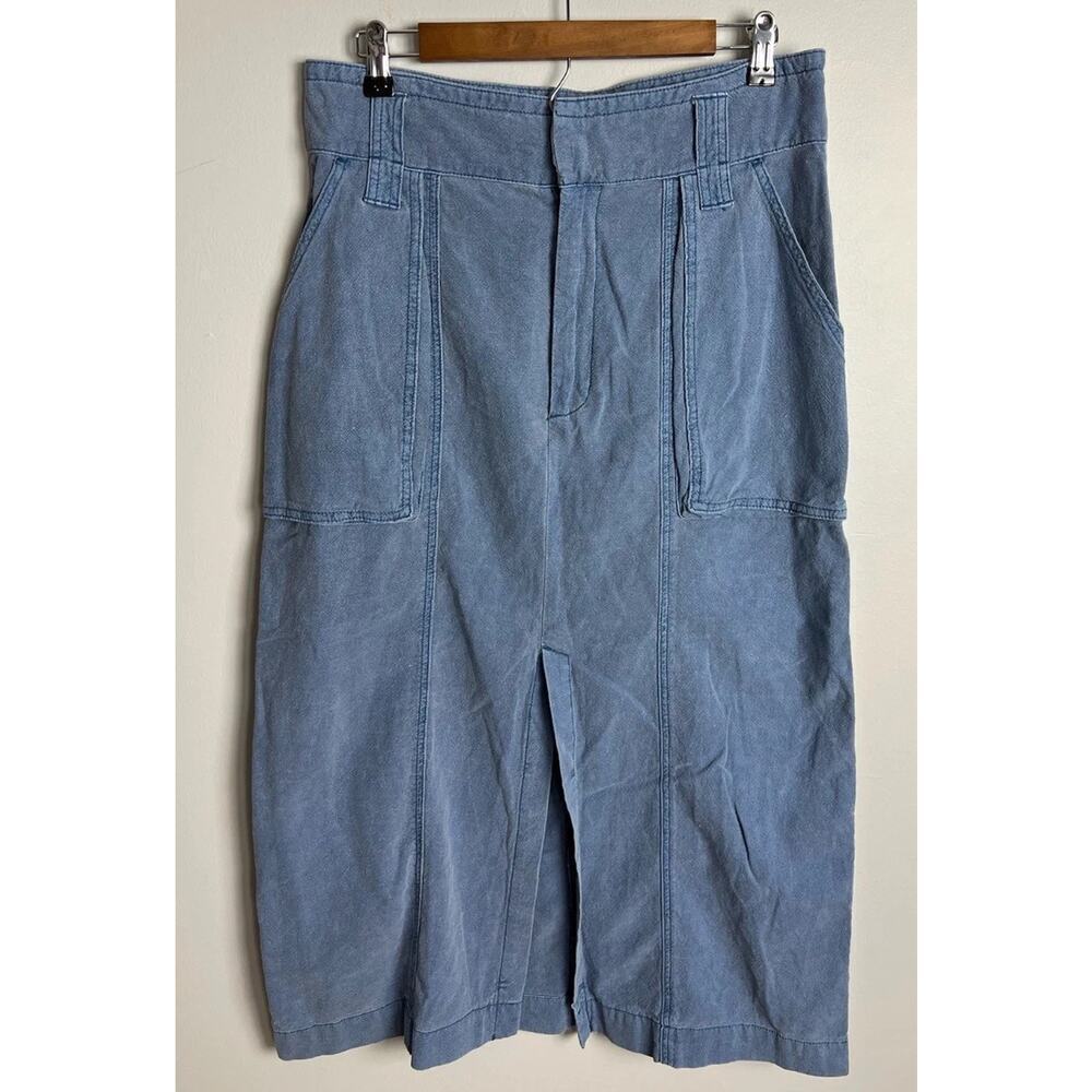 Free People Blue Denim Midi Skirt High Waist Front Slit Utility Size 12 Women’s